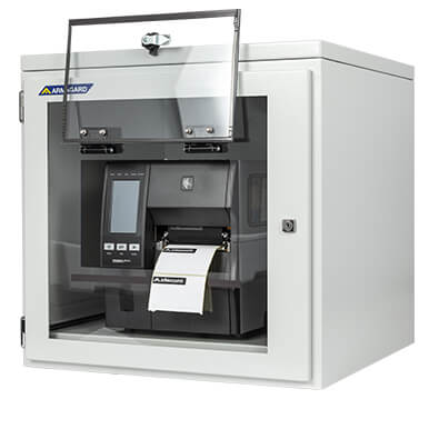 Armadio antipolvere per stampante Zebra ZT600 in acciaio verniciato con stampante industriale installata all'interno