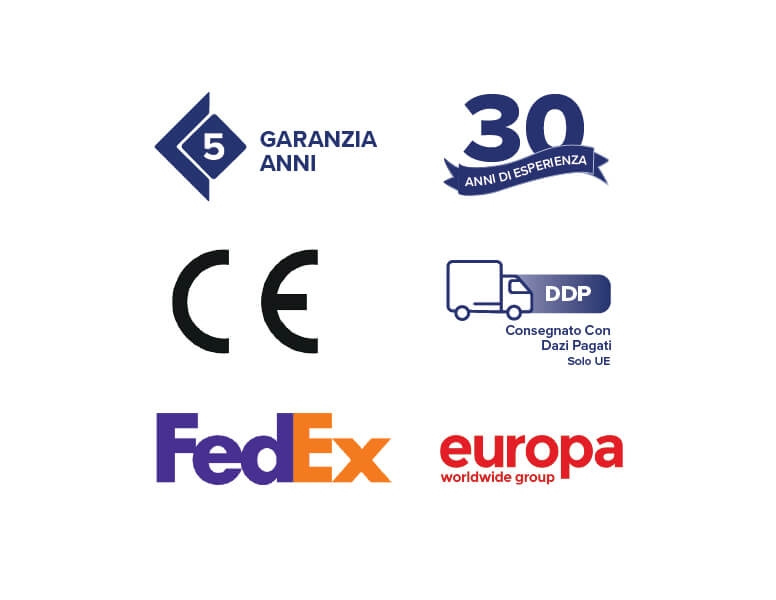 Icone che rappresentano le garanzie, gli accreditamenti e le opzioni di spedizione di Armagard