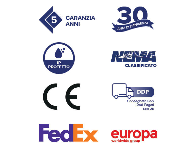 Icone che rappresentano le garanzie, gli accreditamenti e le opzioni di spedizione di Armagard