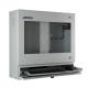 Contenitore porta PC industriale con cassetto porta tastiera aperto, vista frontale sinistra