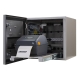 Scatola di protezione per stampante desktop termica con ripiano aperto e Zebra ZD421, vista destra