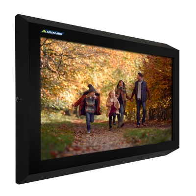 Vista laterale sinistra dello schermo protettivo per TV antiurto Armagard