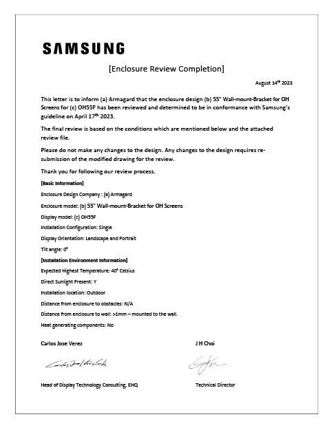 Certificato di progettazione Samsung OH55F per il supporto da parete di Armagard